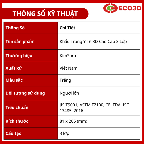 Th&ocirc;ng số của khẩu trang y tế trẻ em Kim Sora 